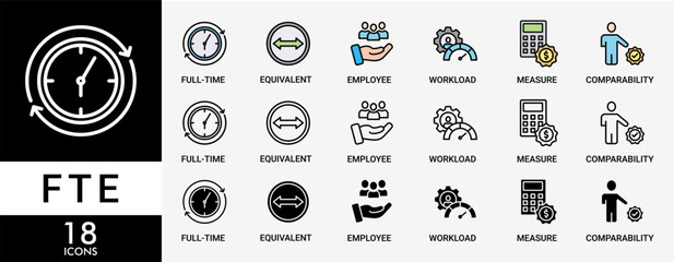 FTE icon set with various styles and colors of full-time, equivalent, employee, workload, measure and comparability