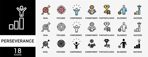PERSEVERANCE icon set with various styles and colors of goal, focused, confidence, commitment, purposefulness, diligence, dedication, achievement, patience and success