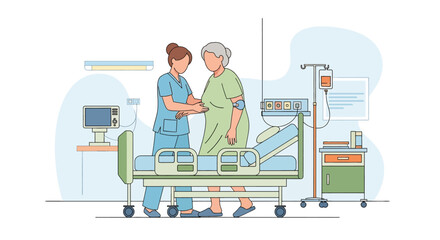 Caring flat vector illustration of a nurse assisting an elderly patient from a hospital bed. Highlights compassionate healthcare, elder care, and medical support