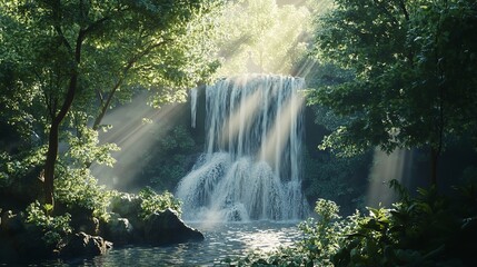 Serene Waterfall Cascading Through Lush Tropical Forest