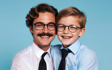 father and son portrait on blue background, father's day