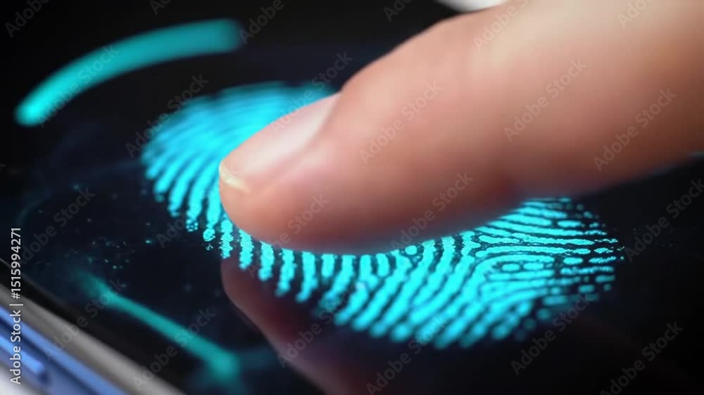 Poster macro close-up of a digital fingerprint authentication process on a smartphone