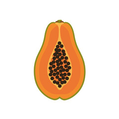 Sliced papaya illustration showing the orange flesh and many black seeds inside