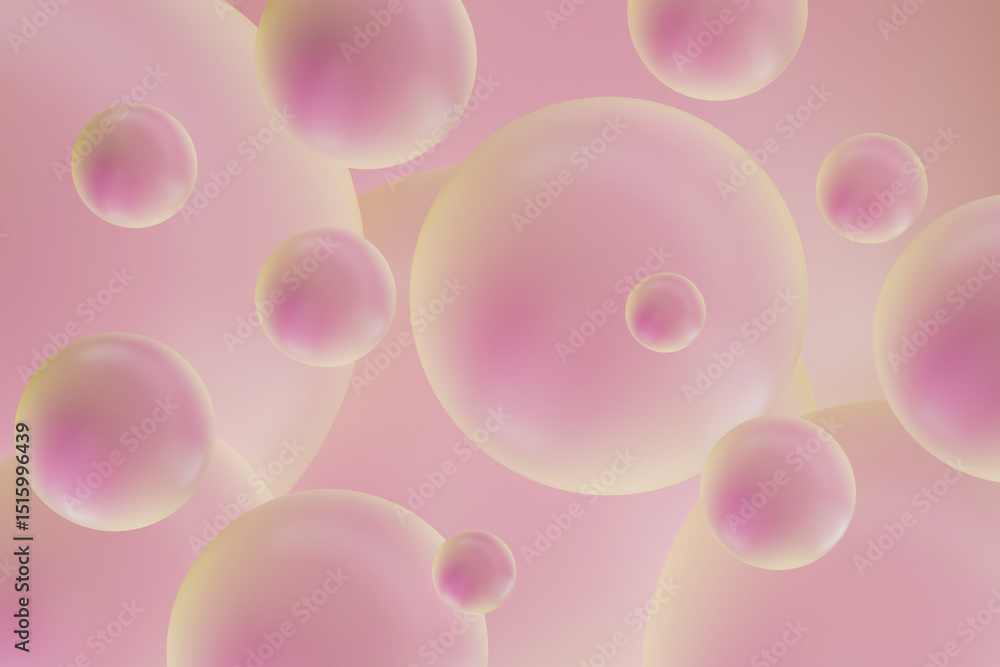 Poster Ethereal floating bubbles background in pastel pink hues with subtle shading and futuristic spherical pattern design. 3D rendering. Delicate abstract pattern.