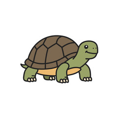 Obraz premium Simple cartoon turtle, green body, brown shell with dark outline, stands on white background
