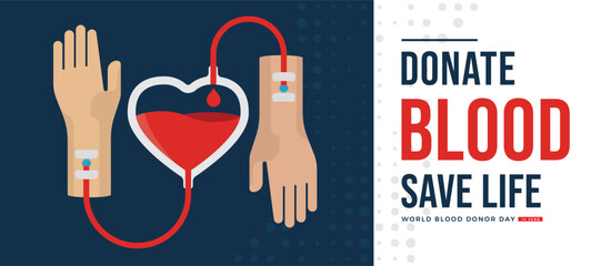 World blood donor day - hand give blood stream drop blood to heart bag shape and stream to recipient hand vector design