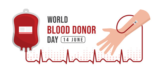 World blood donor day - hand give blood stream to blood bag with long line heart wave vector design