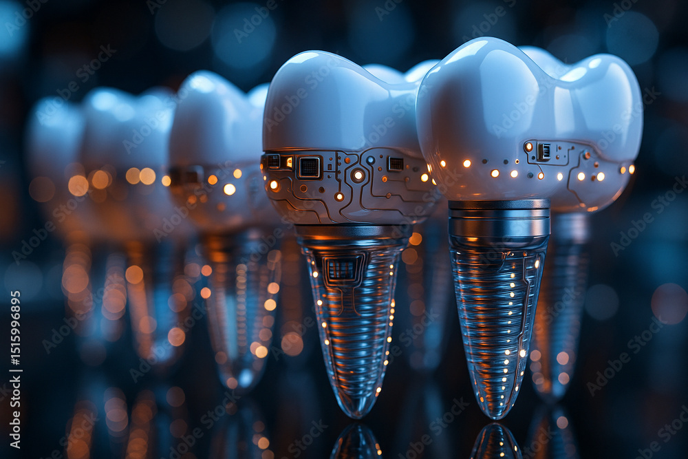 Poster ai generated image of transparent dental implants with embedded circuits and glowing lights showcasi