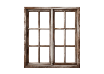 old rustic wooden window frame isolated on white or transparent png