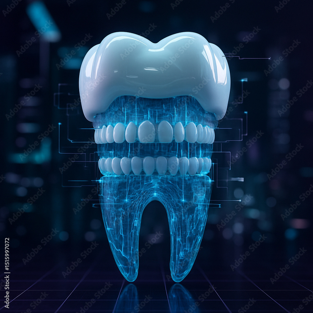 Poster ai generated digital artwork of a transparent futuristic tooth embedded with inner dental layers and