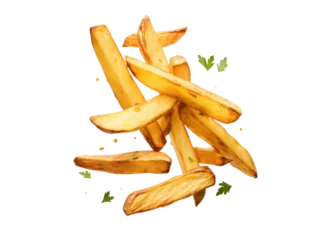 Fototapete falling sliced french fries with herbs isolated on white or transparent png © David Kreuzberg