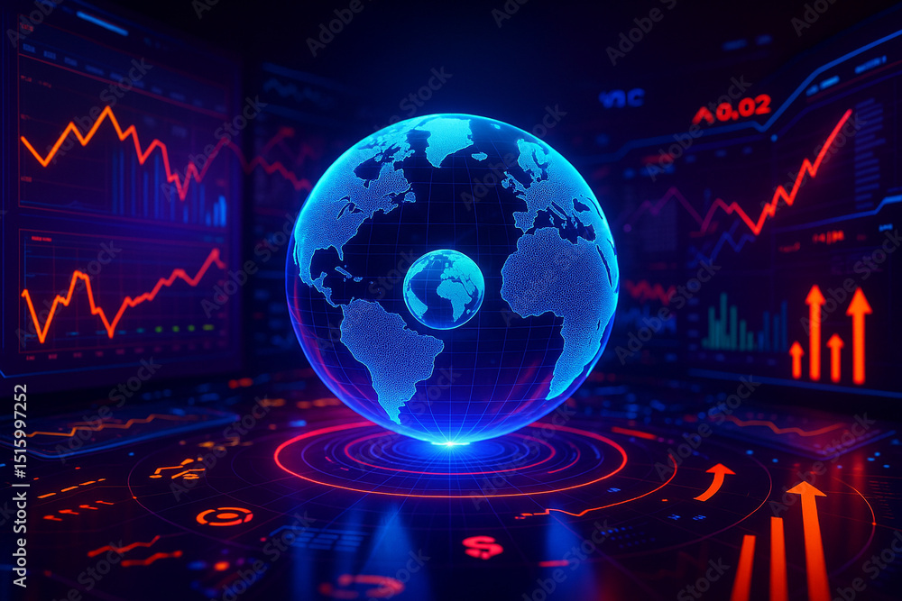 Poster ai generated futuristic image of a glowing holographic globe surrounded by financial data screens an
