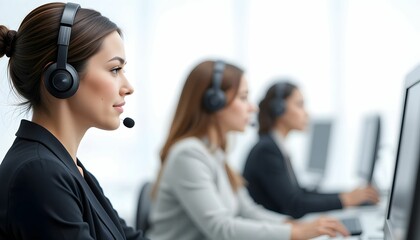 Young woman wearing her headsets doing her job , talking with customers as an operator, call center customer service for business - assistance and advice provided to those who buy products or services