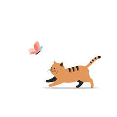 Cartoon illustration of a cat observing a butterfly on a white background
