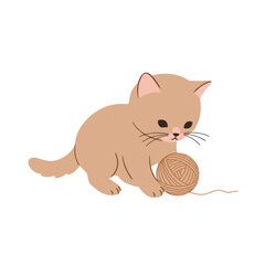 Cute vector illustration of a beige kitten playing with a yarn ball on a white background