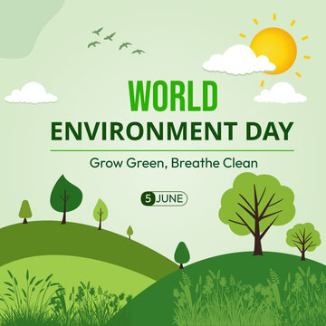 World Environment Day Banner, Green Hills, Trees, Sun, Clouds, and "Grow Green, Breathe Clean, Pster Design, Post Design 5 june, World Environment Day Flex , Use For Graphic Post.