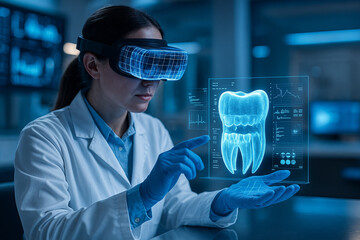 AI generated image showing a female dentist using VR to examine a 3D holographic jaw structure in a high tech dental lab for future oral diagnostics.