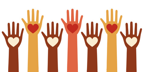 Obraz premium Group of colored hands hold a heart symbol. Vector illustration. 