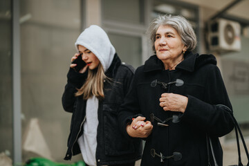 An older woman and a younger girl share a moment outdoors, holding hands while engaging with their surroundings.
