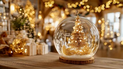 Snow globe featuring a beautifully decorated Christmas tree with warm lights, surrounded by festive decorations and gifts, creating a cozy holiday atmosphere in a charming setting - Powered by Adobe
