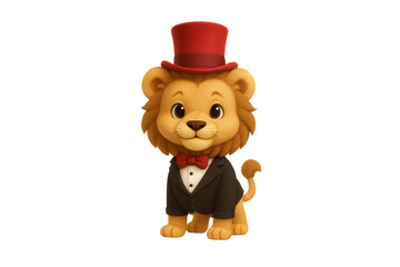 Obraz premium Distinguished lion cub in black tuxedo and red top hat with regal mane, isolated on a transparent background