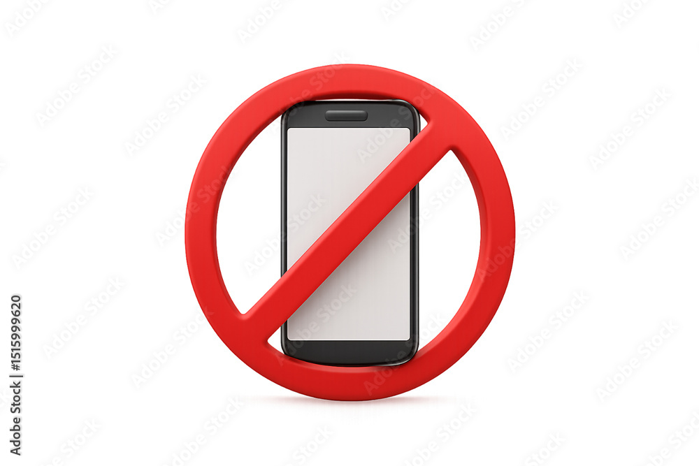 Poster no cell phone symbol featuring red circle with diagonal line crossing smartphone device, isolated on