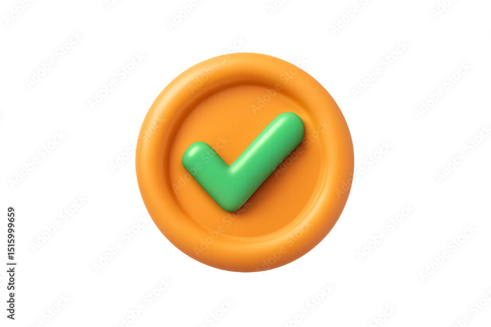 Aufkleber orange circular button with recessed center containing a green checkmark symbol in dimensional desig