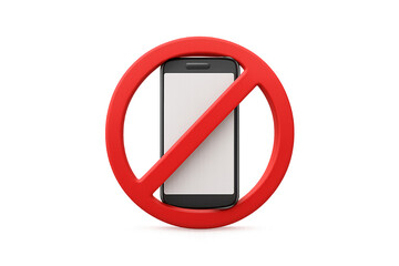 No cell phone symbol featuring red circle with diagonal line crossing smartphone device, isolated on a transparent background