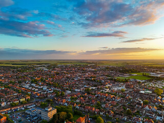 Sunset Aerial Panoramic View of the UK Seaside Skegness, a busy tourist town with something for everyone, from stunning campsites to a sunset to die for, showcases the beauty serene sunset. June 2025