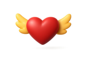 Red heart shape adorned with yellow angel wings in spread flight formation, isolated on a transparent background