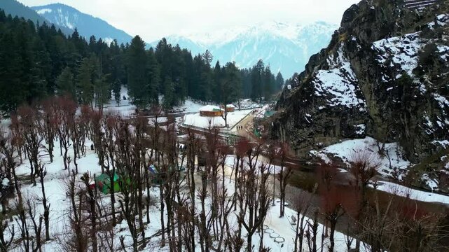 Drone footage of betaab valley in winters-Pahalgam