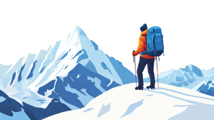 Backpacked Mountaineers on winter mountain landscape with snow. Hikers gazing mountain climber admires majestic snow capped peaks during an adventurous ascent at dawn.