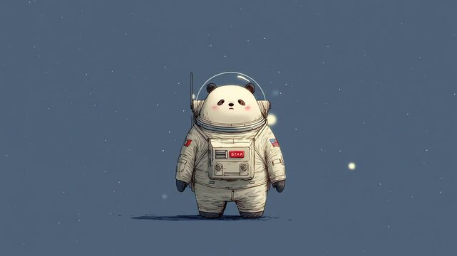 An illustration of a panda bear in a spacesuit against a dark blue background dotted with white specks