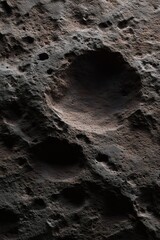 Surface Detail: A dramatic close-up of a heavily cratered surface. The textured landscape conveys depth through light and shadow.