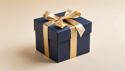 Fototapeta premium Elegant Navy Blue Gift Box with Golden Satin Ribbon Bow on Neutral Background for Special Occasions