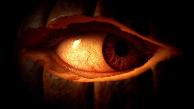 Realistic human eye inside carved pumpkin