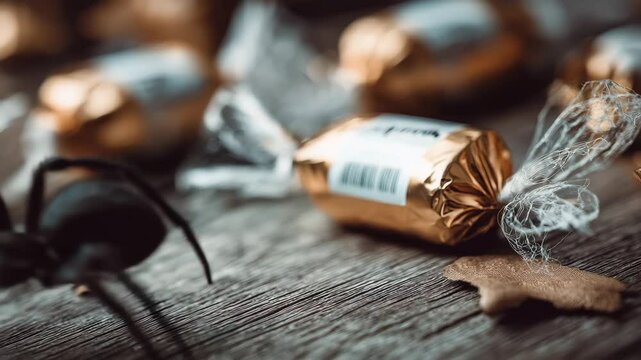 Black spider crawling over Halloween candy on wooden table