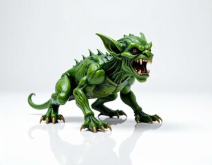 Obraz premium Green Fantasy Creature Figurine Monster Model Posing Aggressively on White Background