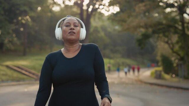 Content Gorgeous African American Woman Dancing with Headphones on While Standing in the Park. Happy Lady with Extra Pounds Enjoying Music and Having Fun Outdoors. People and Technology Concept