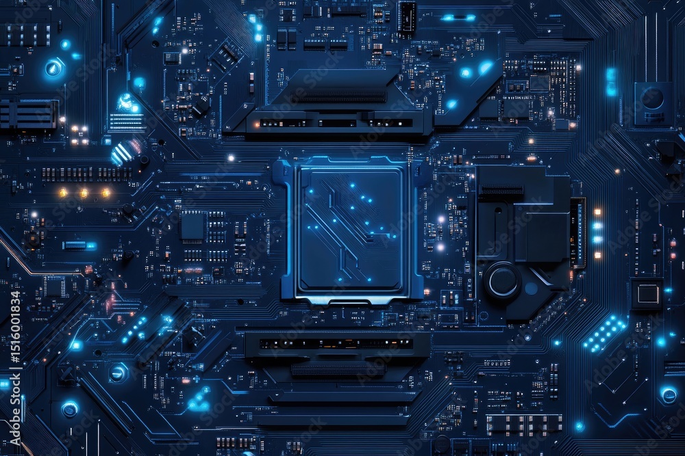 Poster high-tech circuit board with glowing components