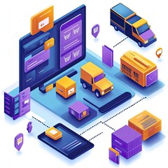 E-commerce growth visualized with product listings, customer orders, mobile sales, backend dashboards, digital inventory, efficient logistics, seamless checkouts, profit scaling.