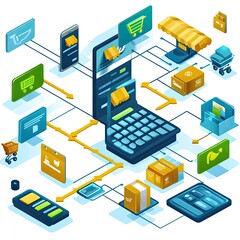 payment systems illustrated with businesses adopting secure, seamless payment gateways, online transactions, digital wallets, and mobile payment solutions to simplify the online shopping process.