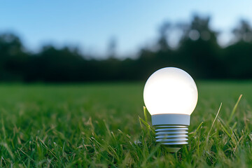 Eco-Friendly LED Bulb Glowing on Fresh Green Grass under Clear Blue Sky