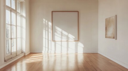 Fototapeta premium A photograph of a large wooden picture frame on the wall, with white walls and sunlight streaming in through the window
