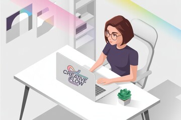 Woman working on laptop in creative workspace