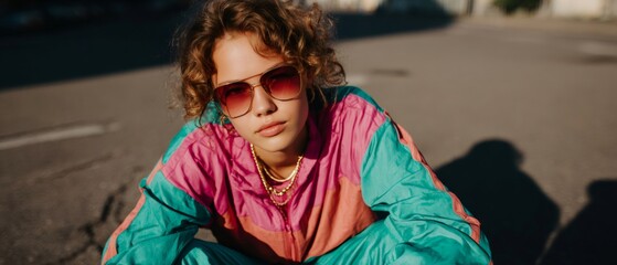 Stylish teenager girl wearing sunglasses and colorful retro outfit posing outdoors