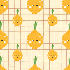 Kawaii vector seamless pattern of smiling onions with flowers. Ideal for childrens textiles, farm themes, healthy lifestyle branding, and eco-friendly packaging