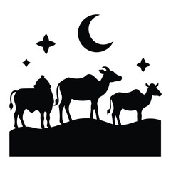 silhouette of a camel, cow, and bull