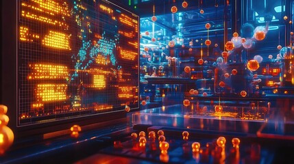 Futuristic interior scene with glowing data display and floating orbs.