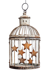 Isolated Vintage Birdcage with Star Decorations and Light